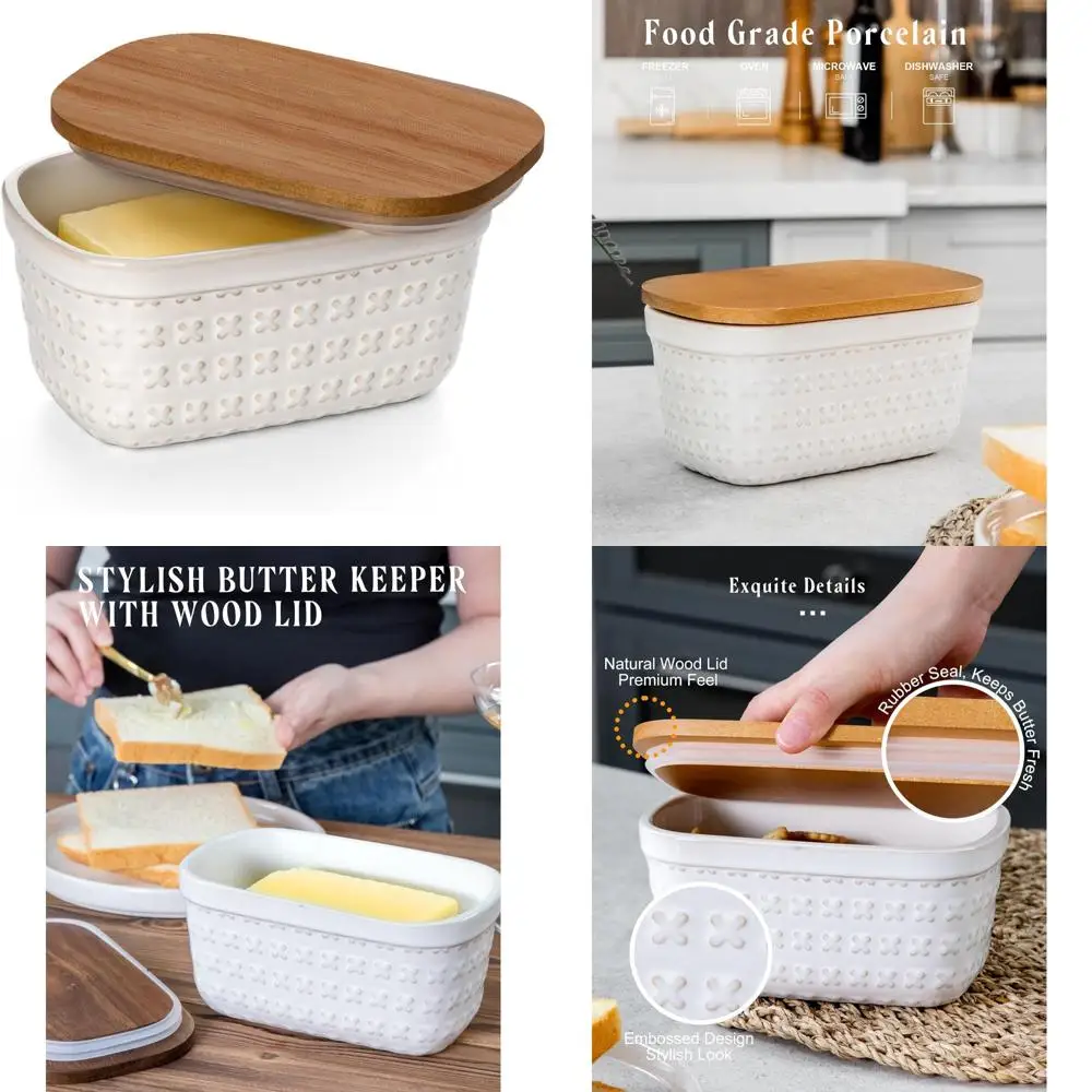 ceramic butter dish, embossed butter keeper with wood lid for countertop, butter holder and container with double silicone seal
ceramic butter dish, embossed butter keeper with wood lid for countertop, butter holder and container with double silicone seal