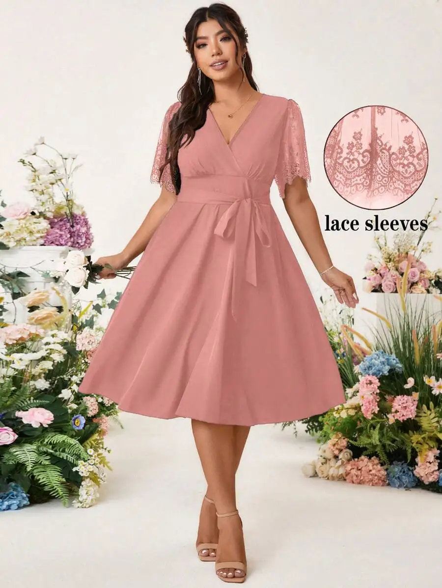 Women Elegant Lace Sleeve A-Line Dress With Front Tie Belt
Women Elegant Lace Sleeve A-Line Dress With Front Tie Belt
