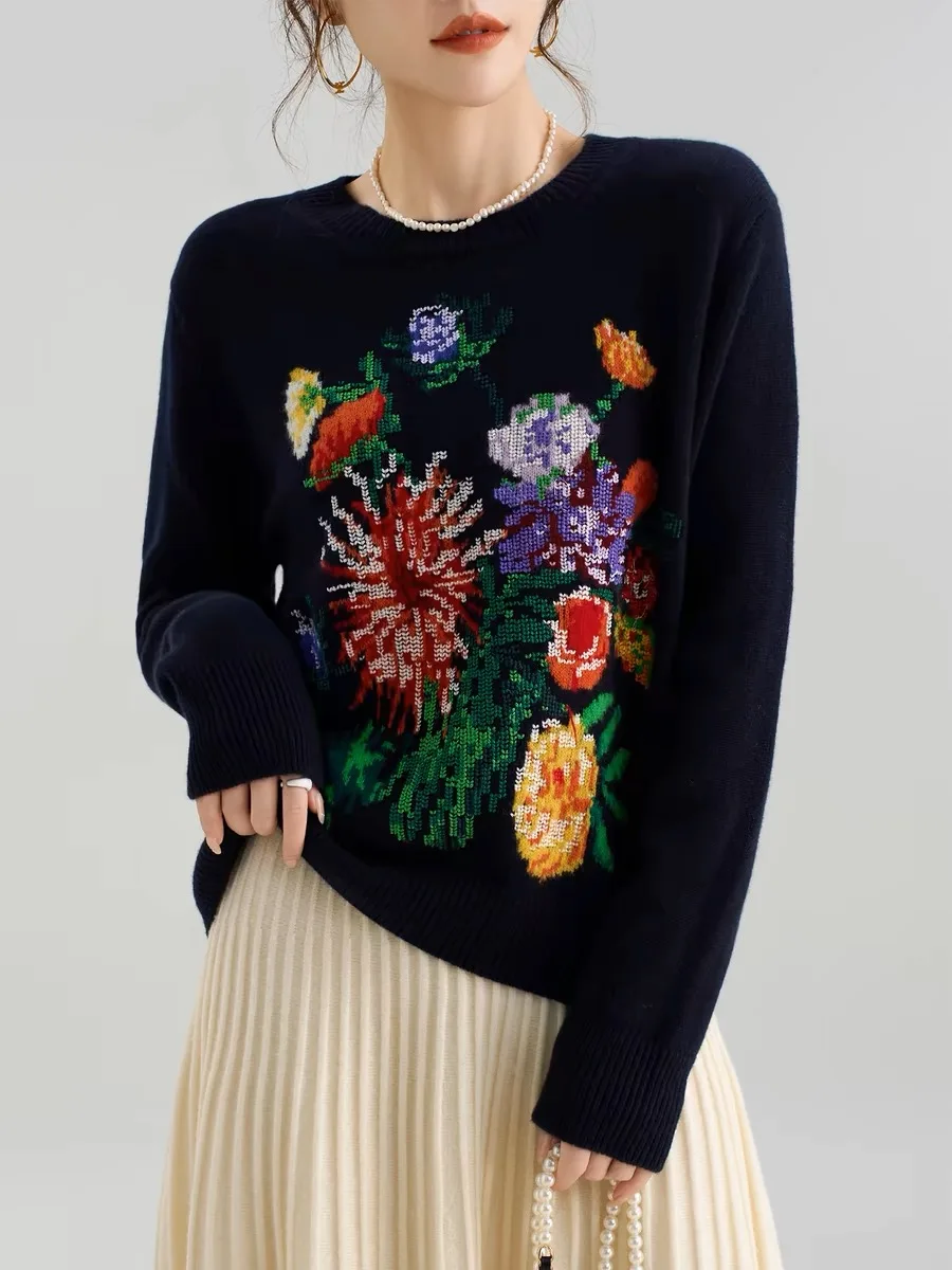 Vintage Flower Jacquard Women Sweater Pullover 2025 Spring New Elegant Stylish O-Neck Long Sleeve Knitwear Tops Ladies Jumpers
Vintage Flower Jacquard Women Sweater Pullover 2025 Spring New Elegant Stylish O-Neck Long Sleeve Knitwear Tops Ladies Jumpers