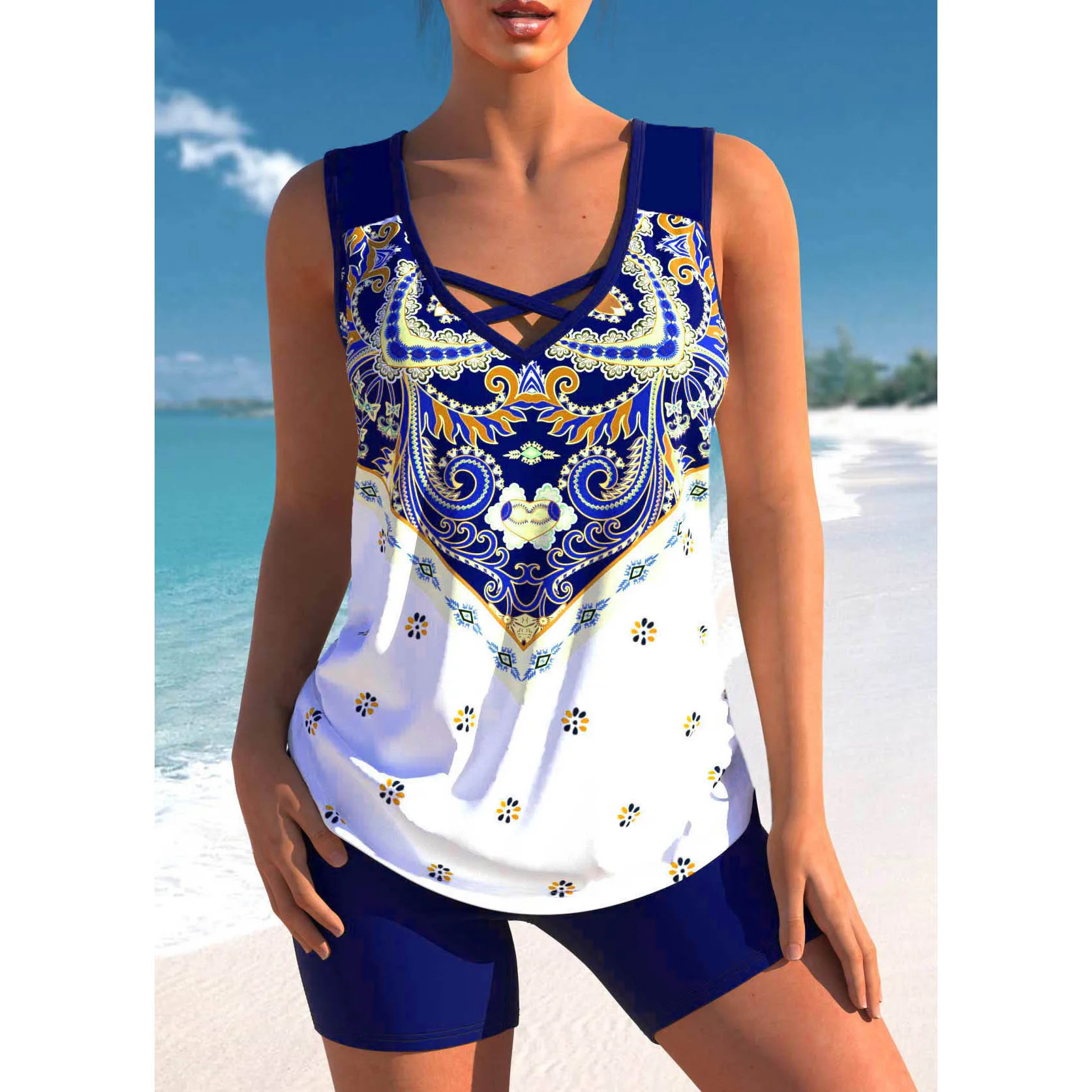 Women's Summer Vacation Tankini Set - High Stretch Crew Neck Swimsuit with Random Print, Knit Fabric 2 Piece Tropical Bikini
Women's Summer Vacation Tankini Set - High Stretch Crew Neck Swimsuit with Random Print, Knit Fabric 2 Piece Tropical Bikini