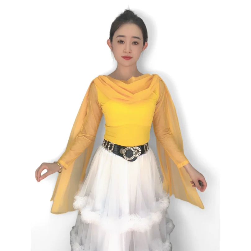 Ladies' round neck long yarn sleeves slim fit T-shirt, lightweight mesh fly yarn top, standard ballroom dress, dance costume
Ladies' round neck long yarn sleeves slim fit T-shirt, lightweight mesh fly yarn top, standard ballroom dress, dance costume