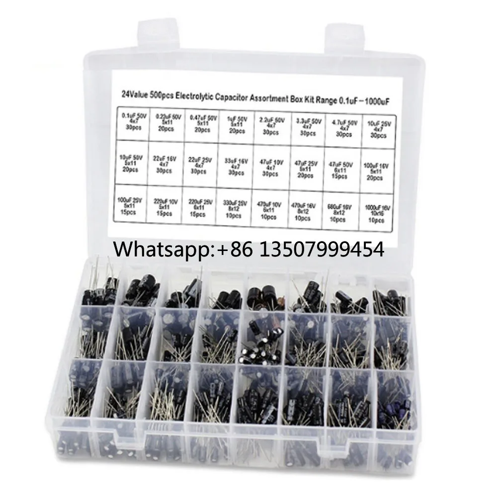 24 Values 500pcs 10V/16V/25V/50V ( 0.1uF~1000uF ) mix Electrolytic capacitor Assorted kit with storage box capacitor samples
24 Values 500pcs 10V/16V/25V/50V ( 0.1uF~1000uF ) mix Electrolytic capacitor Assorted kit with storage box capacitor samples