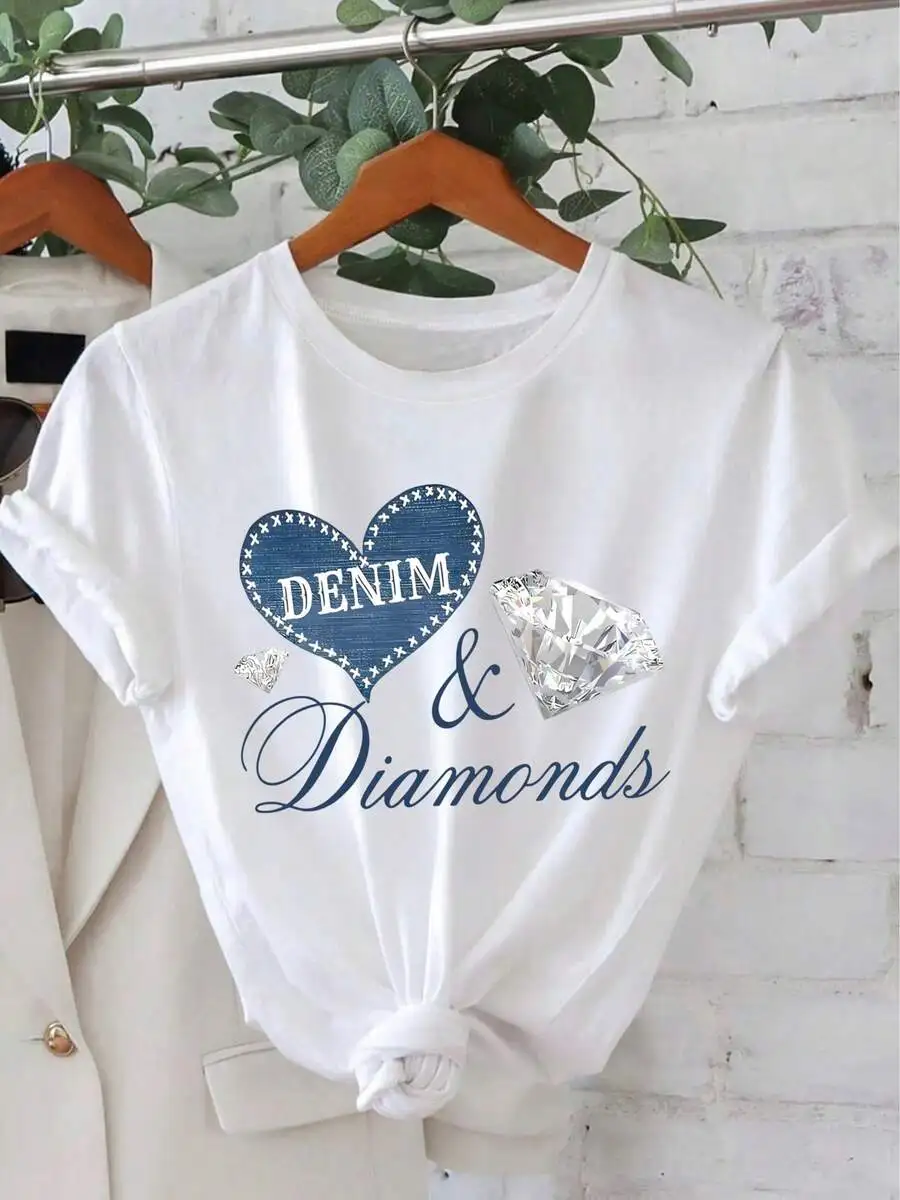 Womens Cotton T-Shirt With Denim Heart And Diamond Print Round Neck Short Sleeve Casual Top
Womens Cotton T-Shirt With Denim Heart And Diamond Print Round Neck Short Sleeve Casual Top