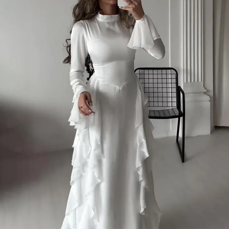 Elegant Women's O-neck Ruffled Slim Long Dress Autumn Flared Sleeves Solid Casual Dress New Temperament High Waist Banquet Dress
Elegant Women's O-neck Ruffled Slim Long Dress Autumn Flared Sleeves Solid Casual Dress New Temperament High Waist Banquet Dress