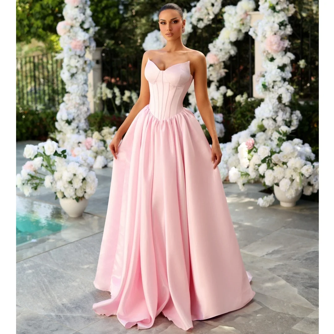 Pink Strapless Evening Dresses Sweetheart Corset Ruched Satin Exquisite Prom Dress Chic Party Gown Gala Vestidos Customized
Pink Strapless Evening Dresses Sweetheart Corset Ruched Satin Exquisite Prom Dress Chic Party Gown Gala Vestidos Customized