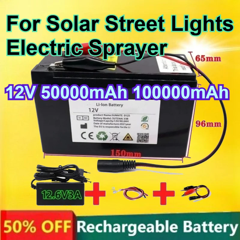 18650 Lithium Battery for Solar Street Lights Electric Sprayer 12V 50000mAh 100000mAh Rechargeable Battery +12.6V 3A Charger
18650 Lithium Battery for Solar Street Lights Electric Sprayer 12V 50000mAh 100000mAh Rechargeable Battery +12.6V 3A Charger