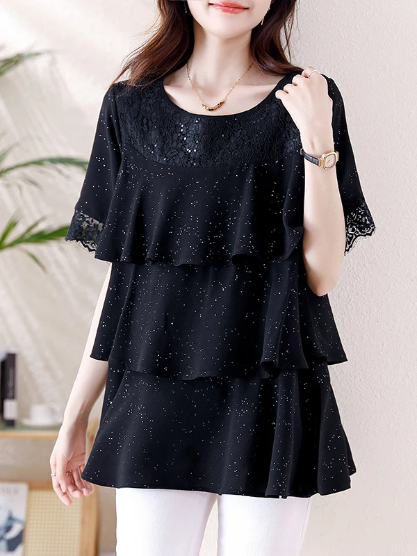 Summer Women's Chiffon irt ort Sve plus Size Lace Splicing Cake Sle Top T-irt Korean Loose Fit round Ne Mid-Length
Summer Women's Chiffon irt ort Sve plus Size Lace Splicing Cake Sle Top T-irt Korean Loose Fit round Ne Mid-Length