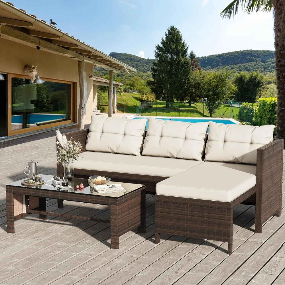 Outdoor Patio Furniture Set, All Weather Wicker Rattan Patio Seating Sofa with Glass Coffee Table and Cushions
Outdoor Patio Furniture Set, All Weather Wicker Rattan Patio Seating Sofa with Glass Coffee Table and Cushions