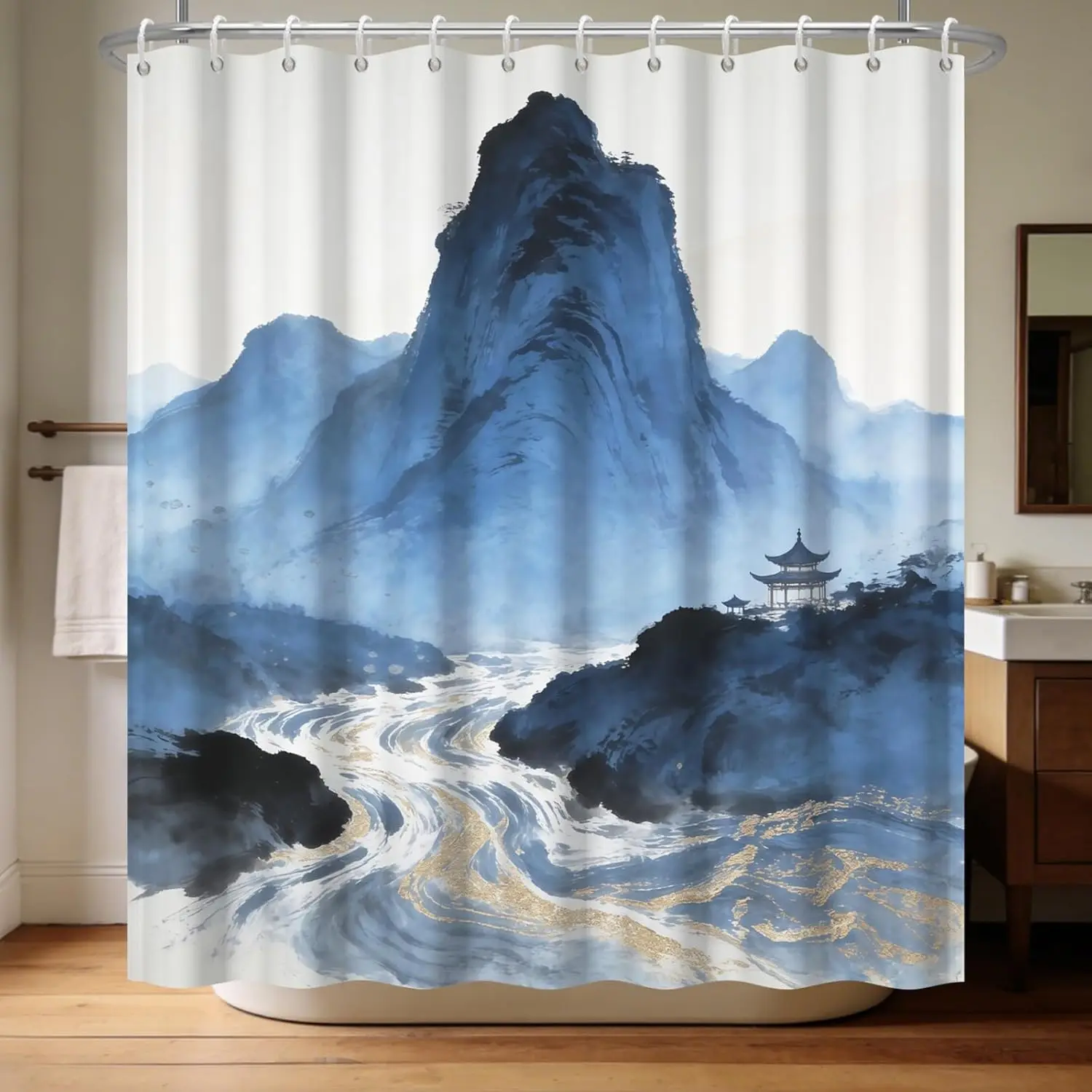 Chinese Ink Wash Landscape Shower Curtain, Blue Mountain Scene with Golden River and Pavilion, Waterproof Fabric Bath Curtain
Chinese Ink Wash Landscape Shower Curtain, Blue Mountain Scene with Golden River and Pavilion, Waterproof Fabric Bath Curtain