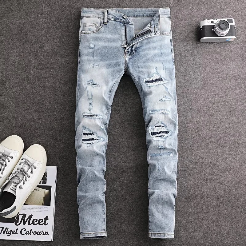 Fashionable new pleated jeans slim fit elastic washed nostalgic perforated patch light blue jeans high street hip-hop brand pant
Fashionable new pleated jeans slim fit elastic washed nostalgic perforated patch light blue jeans high street hip-hop brand pant