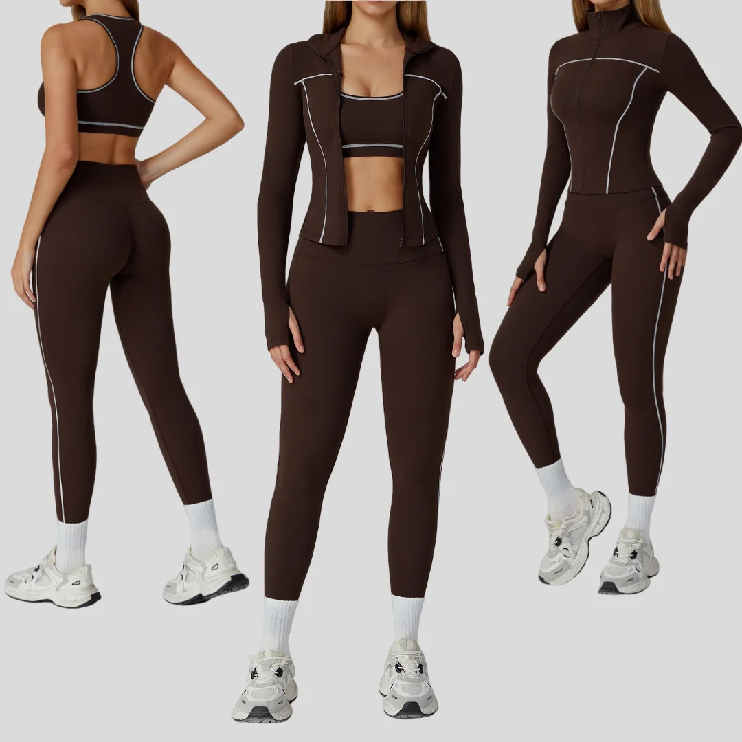 Yoga Set Sports Fitness Hip-lifting Slim Brushed Pants Long Sleeves Zipper 3pc Set Running Workout Clothes Gym Leggings Outfit 
Yoga Set Sports Fitness Hip-lifting Slim Brushed Pants Long Sleeves Zipper 3pc Set Running Workout Clothes Gym Leggings Outfit
