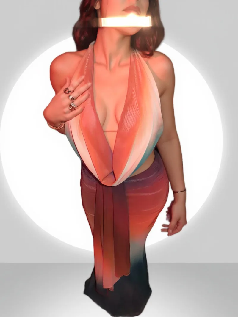 Сексуальный красочный комплект из 2 предметов, женские прозрачные топы на бретельках + эластичные макси-юбки со рюшами, одинаковые полночные клубные костюмы JG5X 
Сексуальный красочный комплект из 2 предметов, женские прозрачные топы на бретельках + эластичные макси-юбки со рюшами, одинаковые полночные клубные костюмы JG5X