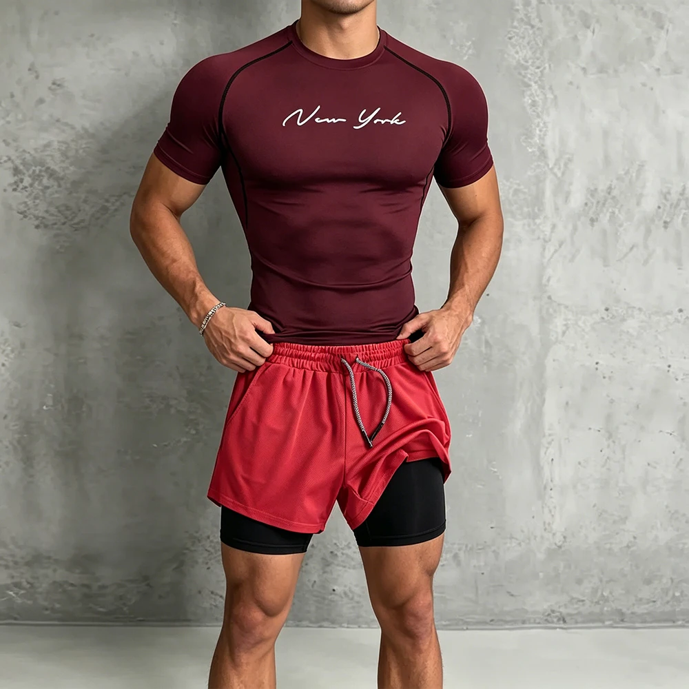 Men 2 Piece Workout Set Compression Short Sleeve T-Shirt Double Layer Athletic Shorts Cursive Line Text Print Running Tracksuit
Men 2 Piece Workout Set Compression Short Sleeve T-Shirt Double Layer Athletic Shorts Cursive Line Text Print Running Tracksuit