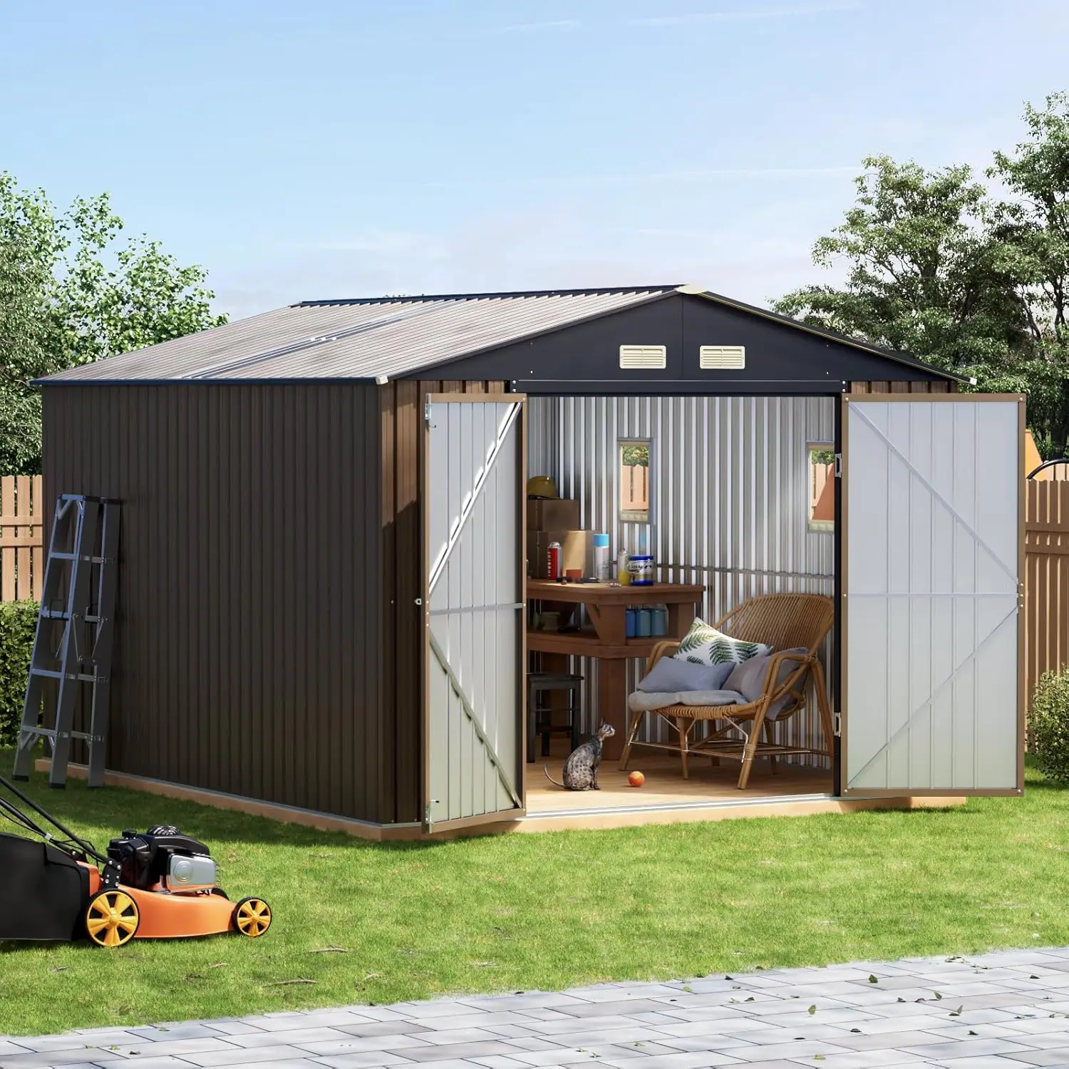10x12FT Metal Outdoor Storage Shed Double Swing Doors Clear Windows Skylight Roof Tool Garden Patio Backyard, Customized
10x12FT Metal Outdoor Storage Shed Double Swing Doors Clear Windows Skylight Roof Tool Garden Patio Backyard, Customized