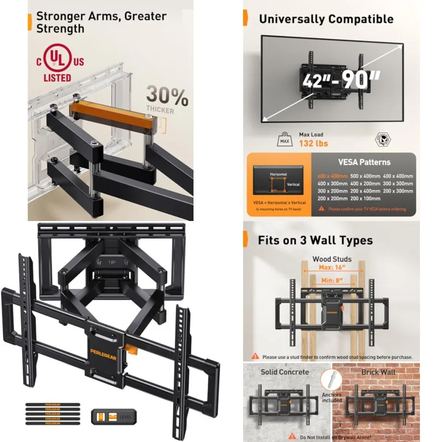 UL Listed for 42-90 s up to 132lbs, Heavy Duty with Dual Articulatg Arms, Tool-Free Smooth Tilt, Swivel, Fits 16 Studs, Max VES
UL Listed for 42-90 s up to 132lbs, Heavy Duty with Dual Articulatg Arms, Tool-Free Smooth Tilt, Swivel, Fits 16 Studs, Max VES
