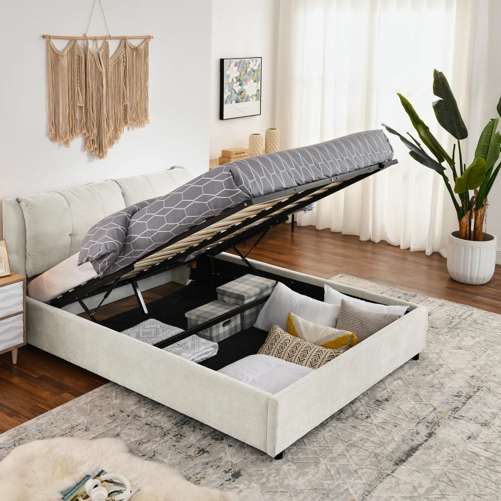 Queen Size Storage Upholstered Hydraulic Platform Bed with Integrated Headboard, Chenille Fabric, Beige
Queen Size Storage Upholstered Hydraulic Platform Bed with Integrated Headboard, Chenille Fabric, Beige
