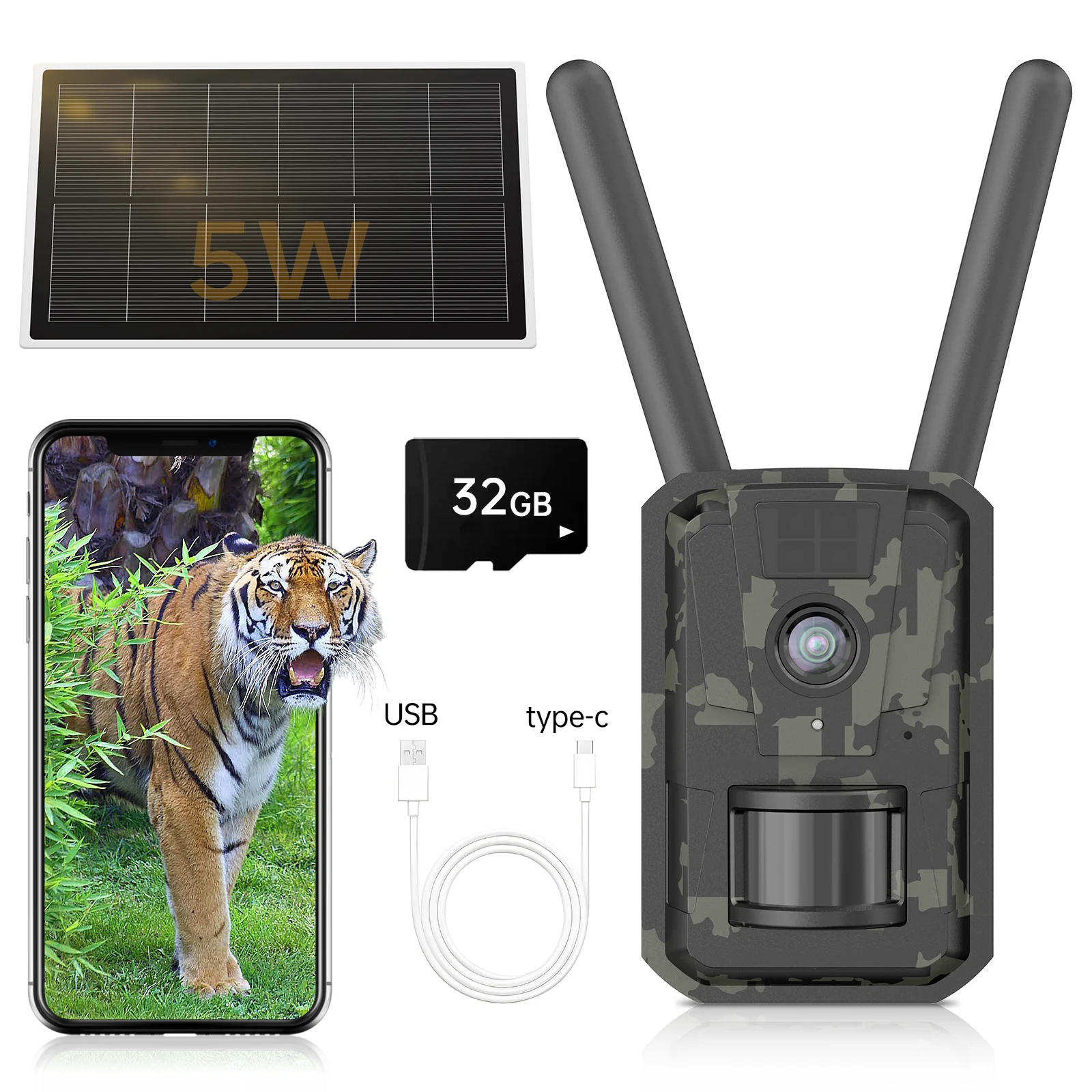 5W Solar Trail/Hunting/Game Camera 3MP Game Camera Color Night Vision PIR Motion Detection 0.2S Trigger Speed 2-way Audio IP65
5W Solar Trail/Hunting/Game Camera 3MP Game Camera Color Night Vision PIR Motion Detection 0.2S Trigger Speed 2-way Audio IP65
