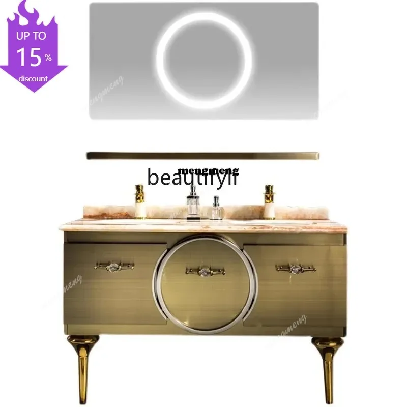 Легкий роскошный комплект мебели для ванной из нержавеющей стали: тумба с двойной раковиной, мраморный пол, золотистый оттенок в стиле ваби-саби.
Легкий роскошный комплект мебели для ванной из нержавеющей стали: тумба с двойной раковиной, мраморный пол, золотистый оттенок в стиле ваби-саби.