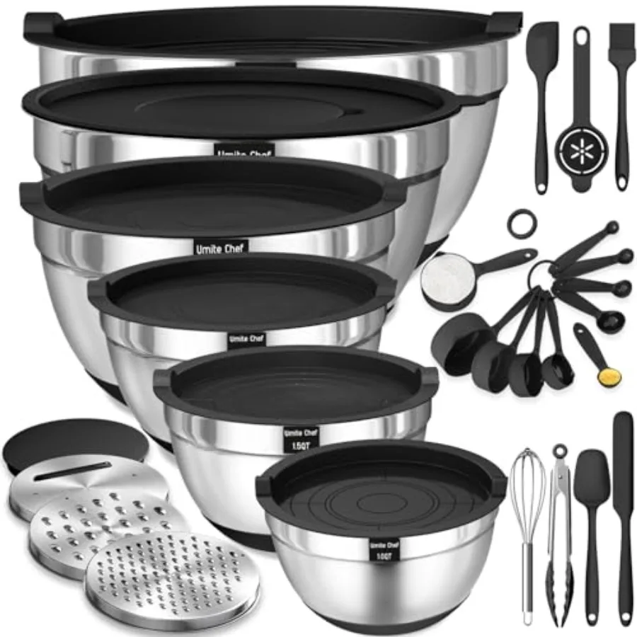 Mixing Bowls with Airtight Lids 26Pcs Stainless Steel Bowls Set 3 Grater Attachments and Black Non-Slip Bottoms Size 7 4 2.5 2.
Mixing Bowls with Airtight Lids 26Pcs Stainless Steel Bowls Set 3 Grater Attachments and Black Non-Slip Bottoms Size 7 4 2.5 2.