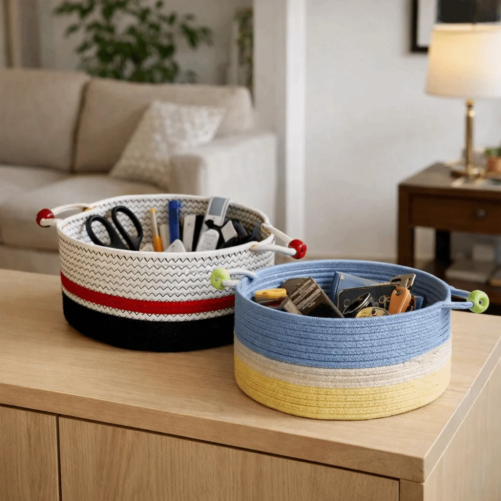Handmade Cotton Rope Storage Box Large Capacity Decorative Makeup Storage Basket with Handles Desktop Organizer Keys
Handmade Cotton Rope Storage Box Large Capacity Decorative Makeup Storage Basket with Handles Desktop Organizer Keys