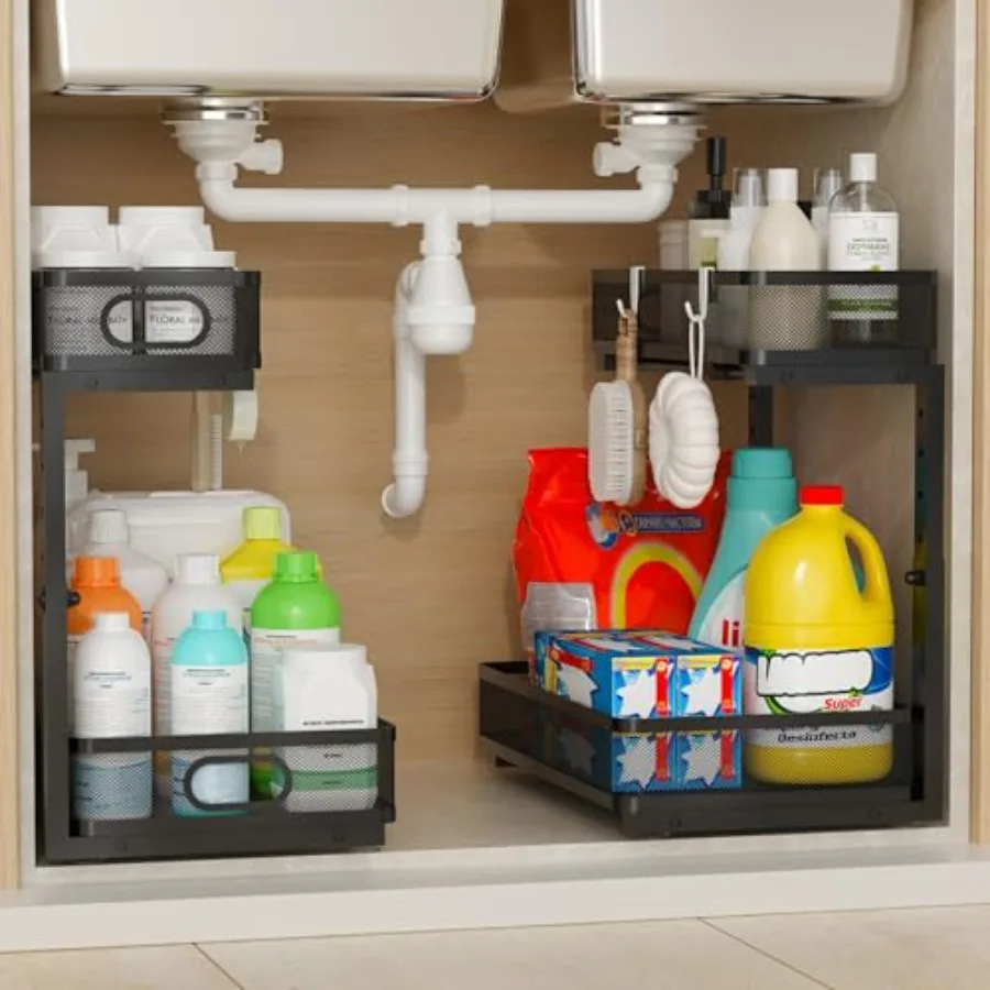 Under Sink Organizer 2 Pack 2-Tier Slide Out Cabinet Organizer with Metal Sliding Drawer and Hooks Pull Out Storage Baskets for
Under Sink Organizer 2 Pack 2-Tier Slide Out Cabinet Organizer with Metal Sliding Drawer and Hooks Pull Out Storage Baskets for