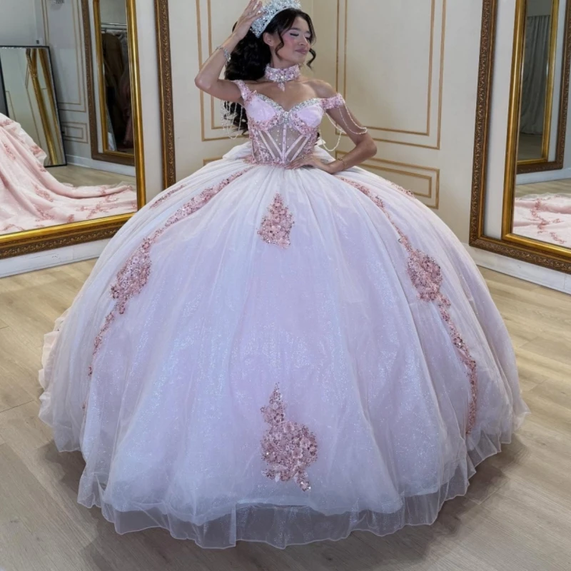 Light Pink Shiny Quinceanera Dresses Off The Shoulder Applique Lace Beads Bow Tull Party Birthday Sweet 16 Dress Vestidos 15
Light Pink Shiny Quinceanera Dresses Off The Shoulder Applique Lace Beads Bow Tull Party Birthday Sweet 16 Dress Vestidos 15