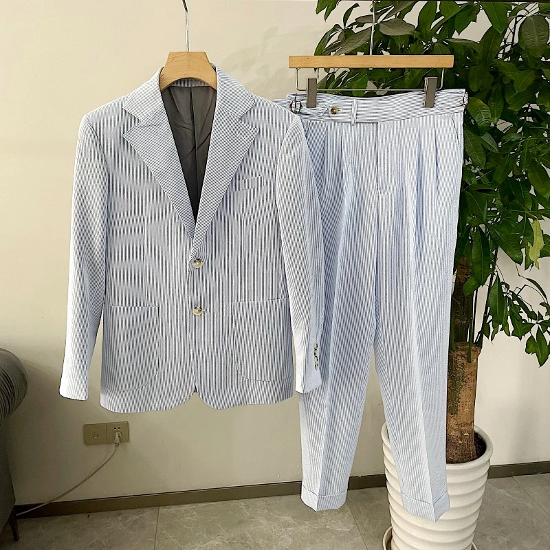 Mr. Deer Tee Summer Thin Men's Casual Blue Stripes Bubble Cloth Suit Briti Gentleman Sle Trendy Busin Casual Suit
Mr. Deer Tee Summer Thin Men's Casual Blue Stripes Bubble Cloth Suit Briti Gentleman Sle Trendy Busin Casual Suit
