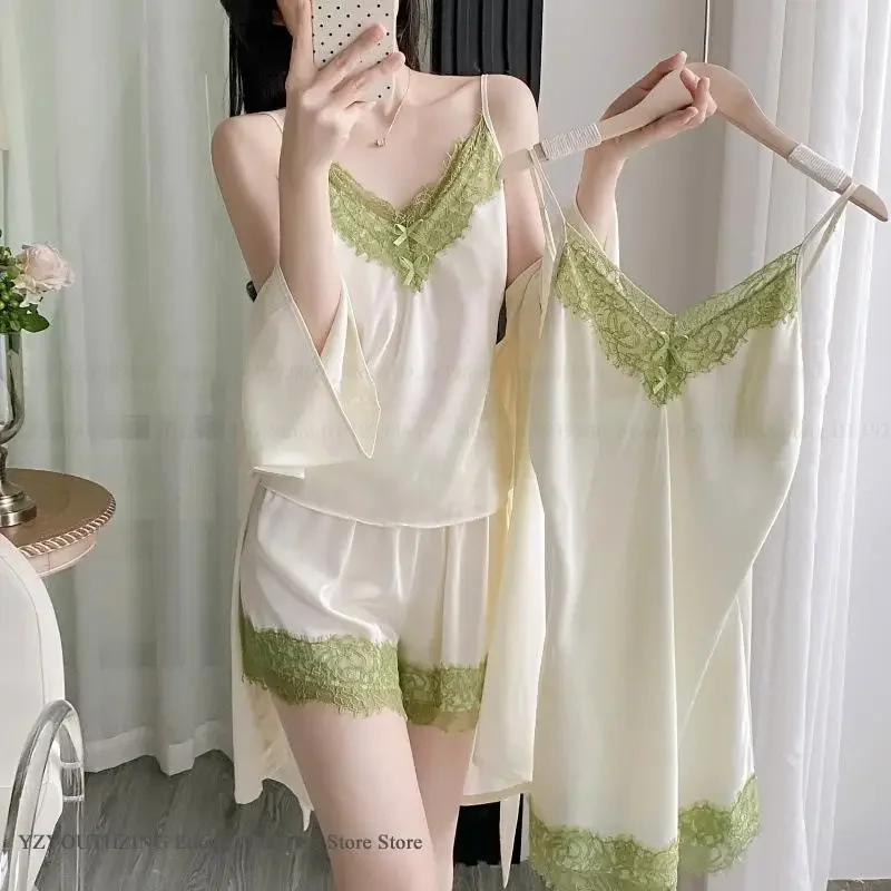 Spring Summer Female 4PCS Pajamas Set Sexy Patchwork Lace Nightgown Loungewear Silky Satin Home Clothes Nightwear Loose Pijamas 
Spring Summer Female 4PCS Pajamas Set Sexy Patchwork Lace Nightgown Loungewear Silky Satin Home Clothes Nightwear Loose Pijamas