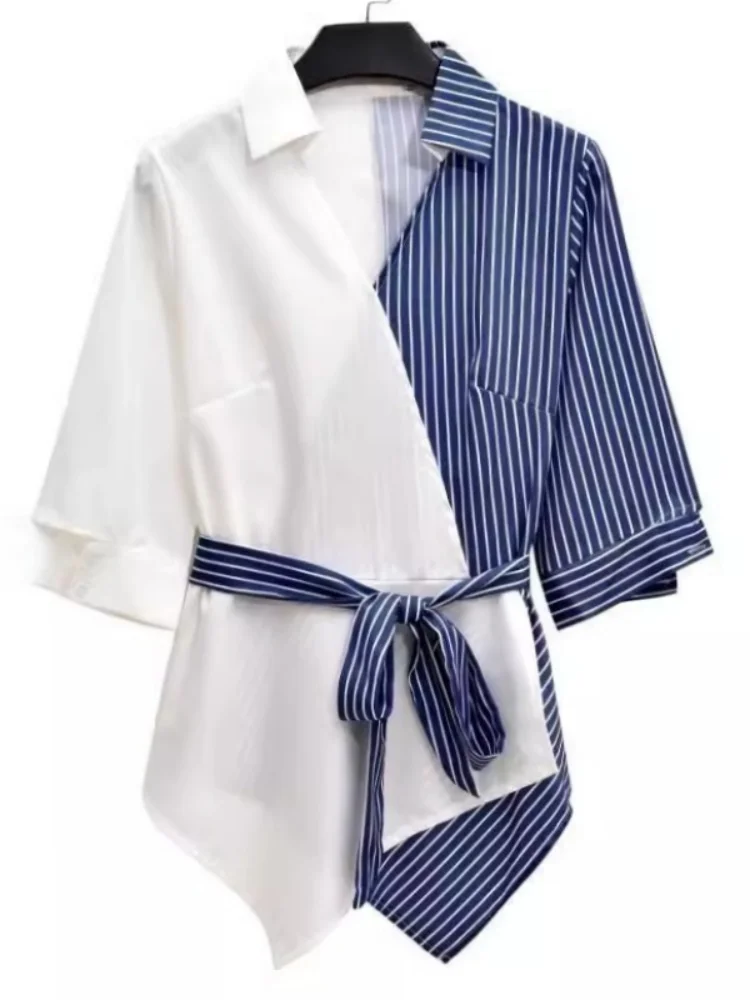 Large Size Designer Blouse for Women White Blue Striped Asymmetric V-neck Shirts Summer Casual Women All-match Korean Fashion
Large Size Designer Blouse for Women White Blue Striped Asymmetric V-neck Shirts Summer Casual Women All-match Korean Fashion