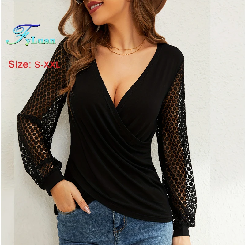 Delicate Sexy Deep V Neck Women T-Shirt Solid Color Lace Splicing Lantern Sleeve Loose Design Sense Semi Perspective Female Top
Delicate Sexy Deep V Neck Women T-Shirt Solid Color Lace Splicing Lantern Sleeve Loose Design Sense Semi Perspective Female Top