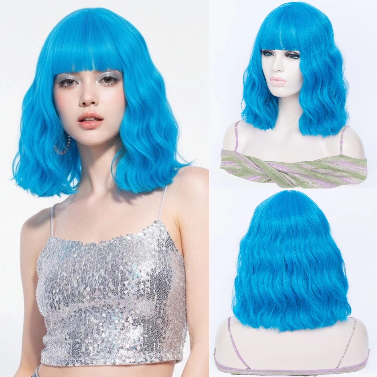 Synthetic Short Curly Wave Blue Bob Wig with Bangs for Women Lolita Cosplay Themed Parties Fake Hair Heat Resistant
Synthetic Short Curly Wave Blue Bob Wig with Bangs for Women Lolita Cosplay Themed Parties Fake Hair Heat Resistant