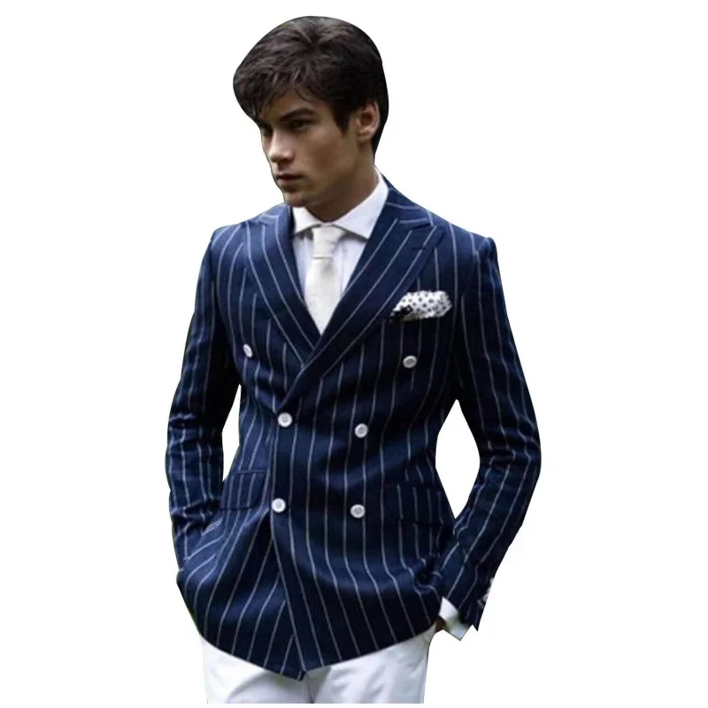 Men's Navy Blue Striped Slim Fit Suit Blazer - Double Breasted Peak Lapel Jacket | Italian Style Fashion Coat | Business/Formal
Men's Navy Blue Striped Slim Fit Suit Blazer - Double Breasted Peak Lapel Jacket | Italian Style Fashion Coat | Business/Formal