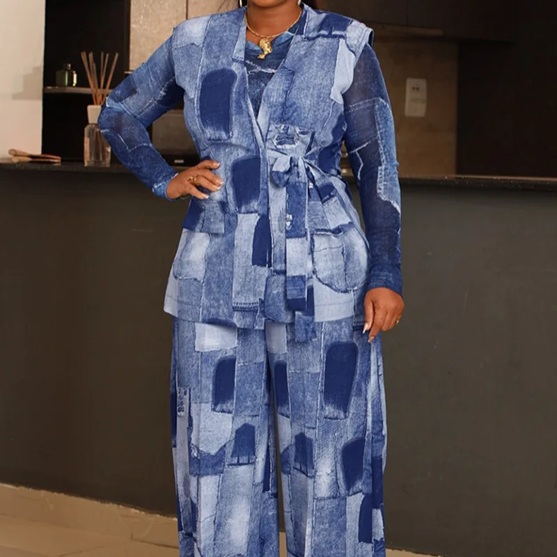 3 Pieces Outfit Geometric Print Faux Denim Tied Detail Vest with Sheer Mesh Long Sleeve Shirt and Casual Wide Leg Pants Set
3 Pieces Outfit Geometric Print Faux Denim Tied Detail Vest with Sheer Mesh Long Sleeve Shirt and Casual Wide Leg Pants Set