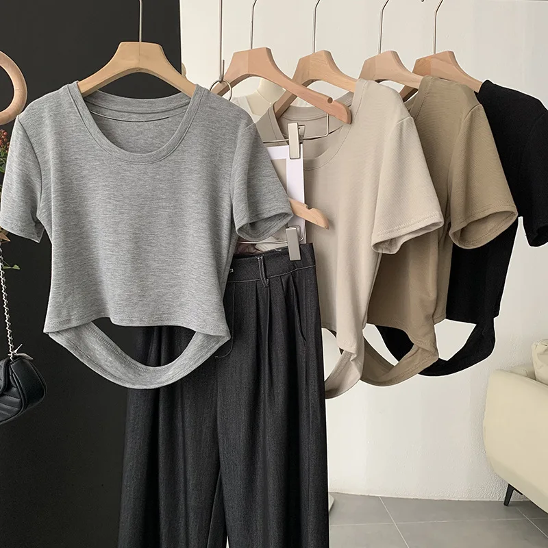 Летняя женская футболка с вырезами, однотонная Повседневная модная мягкая футболка в стиле пэчворк с круглым вырезом и короткими рукавами
Летняя женская футболка с вырезами, однотонная Повседневная модная мягкая футболка в стиле пэчворк с круглым вырезом и короткими рукавами