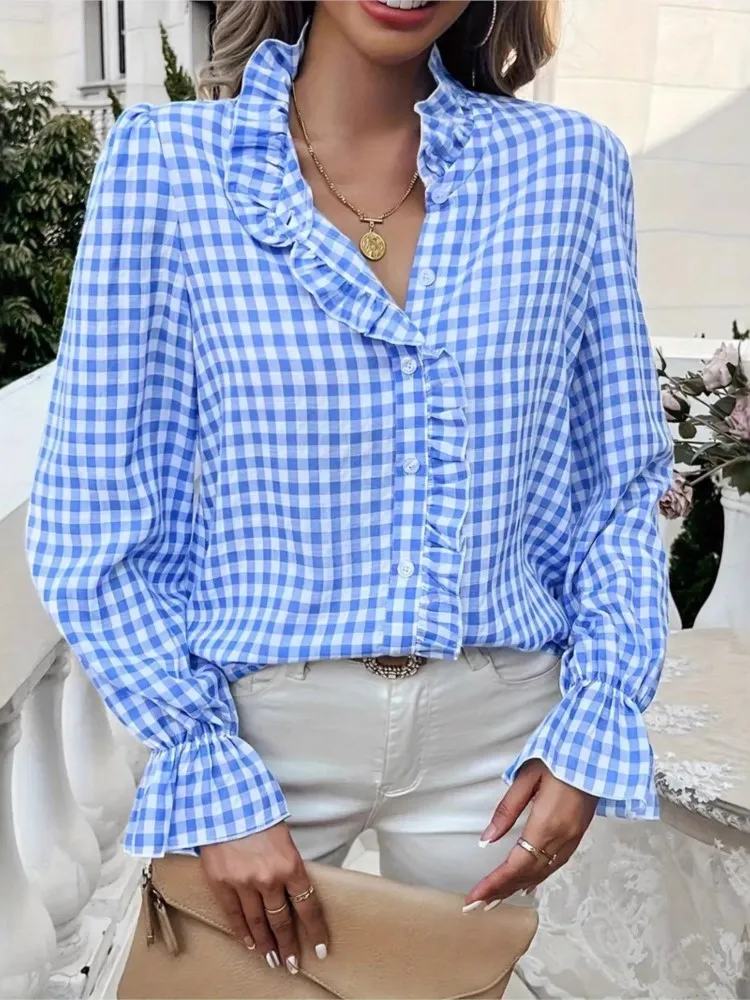 Checked Print Shirt For Woman Elegant Lace Patchwork V-neck Single-row Buckle Top Spring Autumn Lady Fashion Long Sleeves Blouse
Checked Print Shirt For Woman Elegant Lace Patchwork V-neck Single-row Buckle Top Spring Autumn Lady Fashion Long Sleeves Blouse