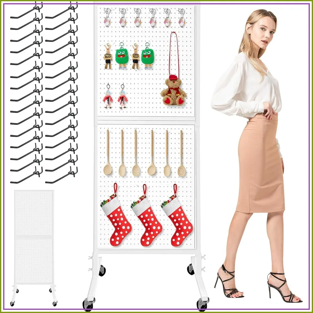 2' x 5.6' Large Standing Pegboard Display with T-Base, Metal Stand with 30 Hooks, Lockable Wheels for Retail & Home (White)
2' x 5.6' Large Standing Pegboard Display with T-Base, Metal Stand with 30 Hooks, Lockable Wheels for Retail & Home (White)