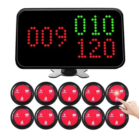 Restaurant Pager Wireless Call Bell System 1 Display Receiver with 10 Waterproof 3-key Table Guest Button Beeper for Bar Hookah