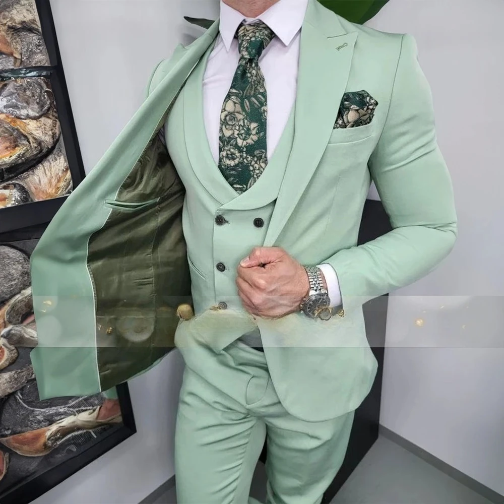Mint green men's 3pcs suit premium peak lapel jacket shawl collar double-breasted vest Pants tailored set for wedding groom prom
Mint green men's 3pcs suit premium peak lapel jacket shawl collar double-breasted vest Pants tailored set for wedding groom prom