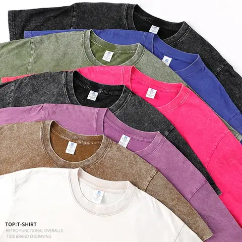 Asian Size 250gsm Men's Washed Vintage T-Shirts Street Hip Hop Retro Punk T Shirt Women Cotton Short Sleeve Acid Wash Tops