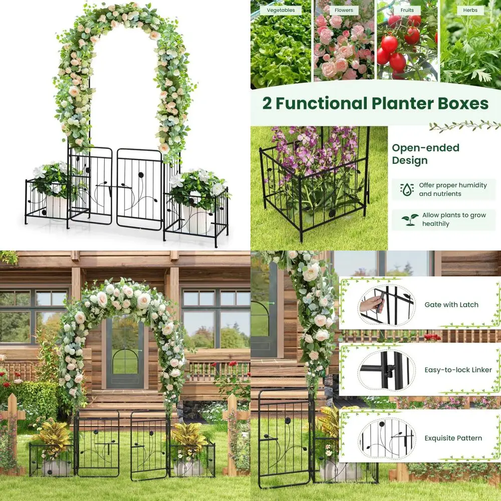 Металлическая арка-пергола с запираемыми воротами и боковыми горшками для вьющихся растений и роз
Металлическая арка-пергола с запираемыми воротами и боковыми горшками для вьющихся растений и роз