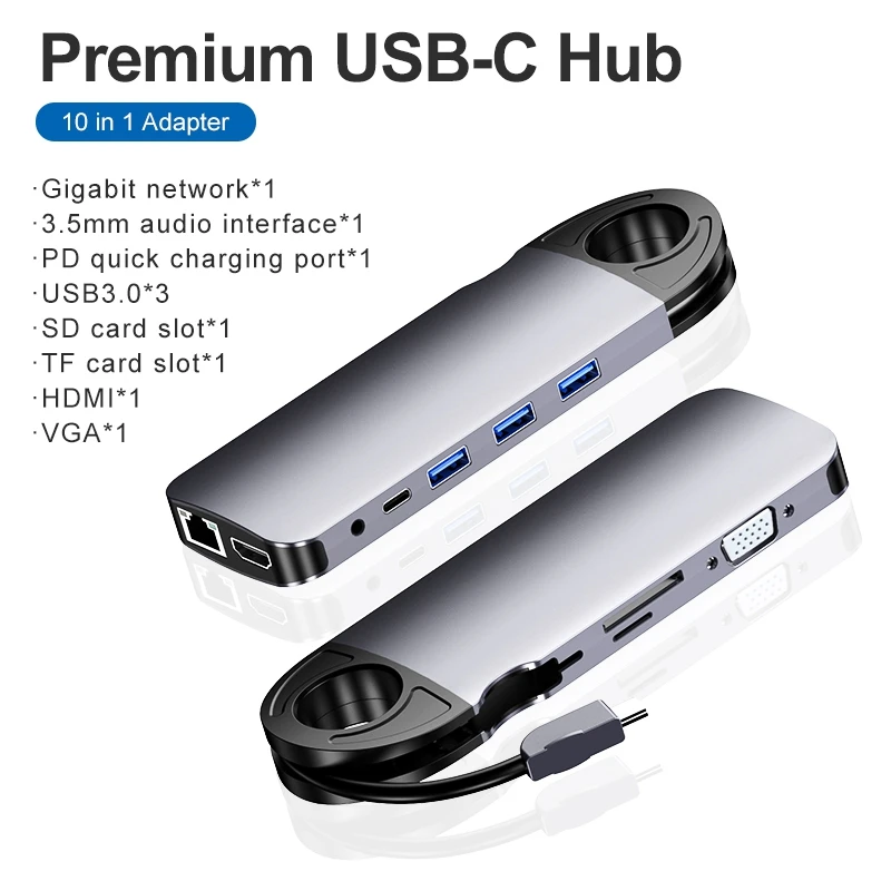 Концентратор типа C, док-станция типа C 10 в 1 для HDMI VGA Gigabit Ethernet 3 USB 3.0, устройство чтения карт SD/TF 3,5 мм, адаптер концентратора
Концентратор типа C, док-станция типа C 10 в 1 для HDMI VGA Gigabit Ethernet 3 USB 3.0, устройство чтения карт SD/TF 3,5 мм, адаптер концентратора