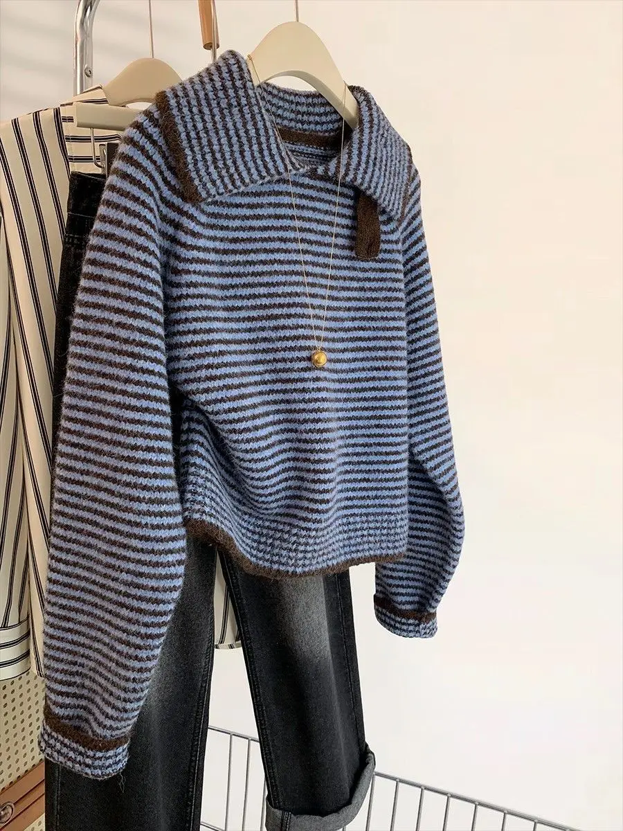 Blue Collar Striped Pullover Sweater Knitted Sweater for Women in Autumn and Winter 2025 New Style Loose Top for Outerwear
Blue Collar Striped Pullover Sweater Knitted Sweater for Women in Autumn and Winter 2025 New Style Loose Top for Outerwear