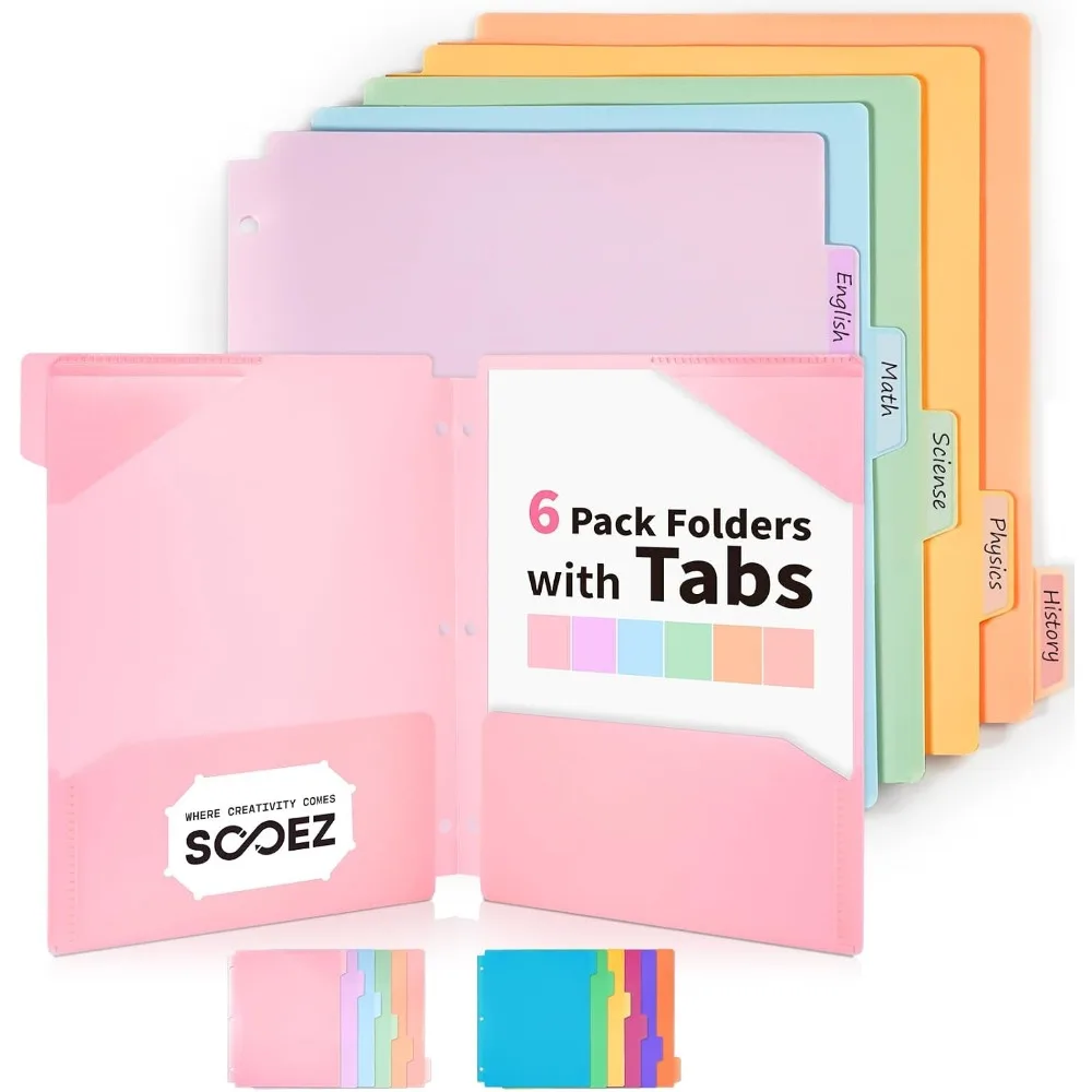 Plastic Folders with Pockets & Tabs, 6 Pack, Writable Labels, 3-Ring Binder Compat, Holds Letter/A4, Office Filing, Pastel
Plastic Folders with Pockets & Tabs, 6 Pack, Writable Labels, 3-Ring Binder Compat, Holds Letter/A4, Office Filing, Pastel