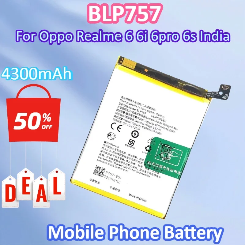 New BLP757 3.87V 4300mAh Replacement Mobile Phone Battery for Oppo Realme 6 6i 6pro 6s India Batteries
New BLP757 3.87V 4300mAh Replacement Mobile Phone Battery for Oppo Realme 6 6i 6pro 6s India Batteries