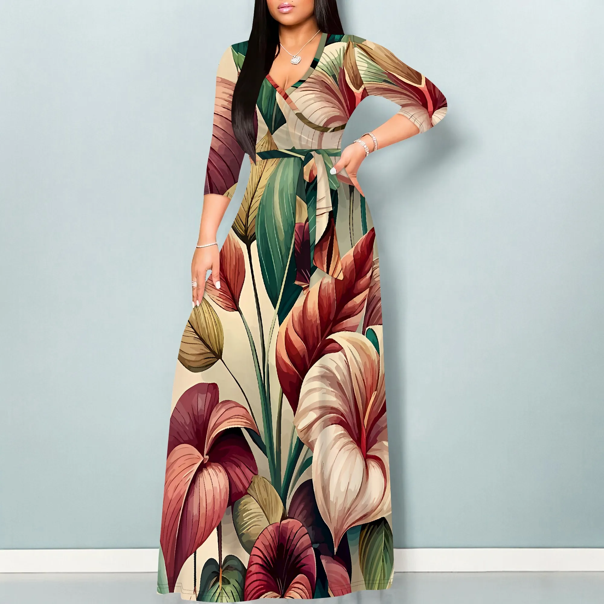 Tropical Leaf Print V-Neck Maxi Dress for Women Elegant Wrap Waist Vacation Style
Tropical Leaf Print V-Neck Maxi Dress for Women Elegant Wrap Waist Vacation Style