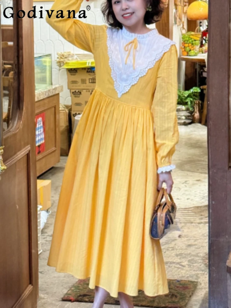 French Court Lace Splicing Yellow Stand-Up Collar Princess Dress Fashion Girl High Waist A-line High Waist Long Sleeve Dresses
French Court Lace Splicing Yellow Stand-Up Collar Princess Dress Fashion Girl High Waist A-line High Waist Long Sleeve Dresses
