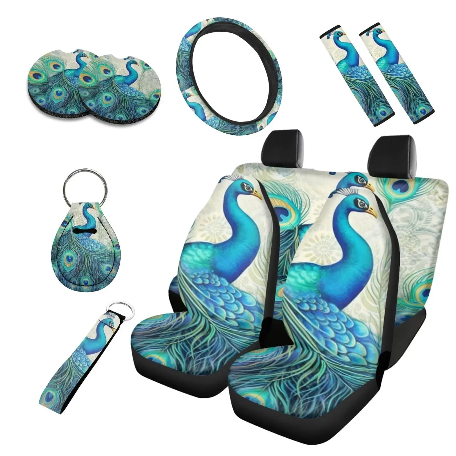 10PCS Peacock Print Car Seat Cover Set Steering Wheel Cover Seat Belt Pads Cup Coasters Keychains
10PCS Peacock Print Car Seat Cover Set Steering Wheel Cover Seat Belt Pads Cup Coasters Keychains