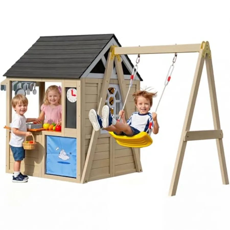 Outdoor wooden playhouse with swing set for kids, ivory white cedar wood, pet door and game board, space-saving garden playgrou
Outdoor wooden playhouse with swing set for kids, ivory white cedar wood, pet door and game board, space-saving garden playgrou