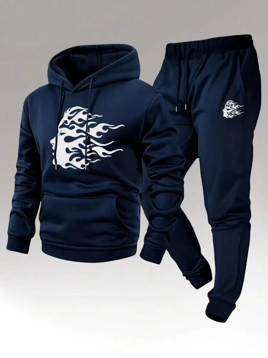 Mens Blue Hoodie And Joggers Set With Flame Graphic, Casual Drawstring Waist Pants, Fall Winter Comfort Fit
Mens Blue Hoodie And Joggers Set With Flame Graphic, Casual Drawstring Waist Pants, Fall Winter Comfort Fit