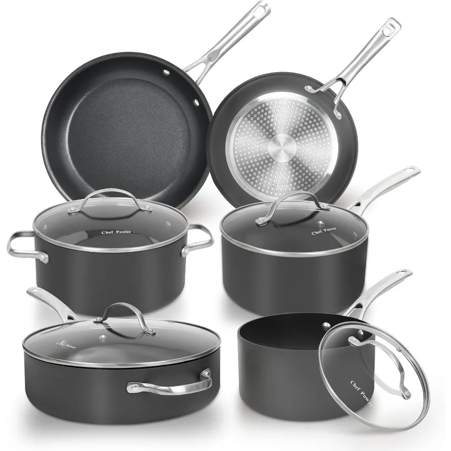 Hard Anodized Nonstick Cookware Sets 10 Piece with Stainless Steel Handle Pots and Pans Set Non Stick Kitchen Induction Cooking 
Hard Anodized Nonstick Cookware Sets 10 Piece with Stainless Steel Handle Pots and Pans Set Non Stick Kitchen Induction Cooking